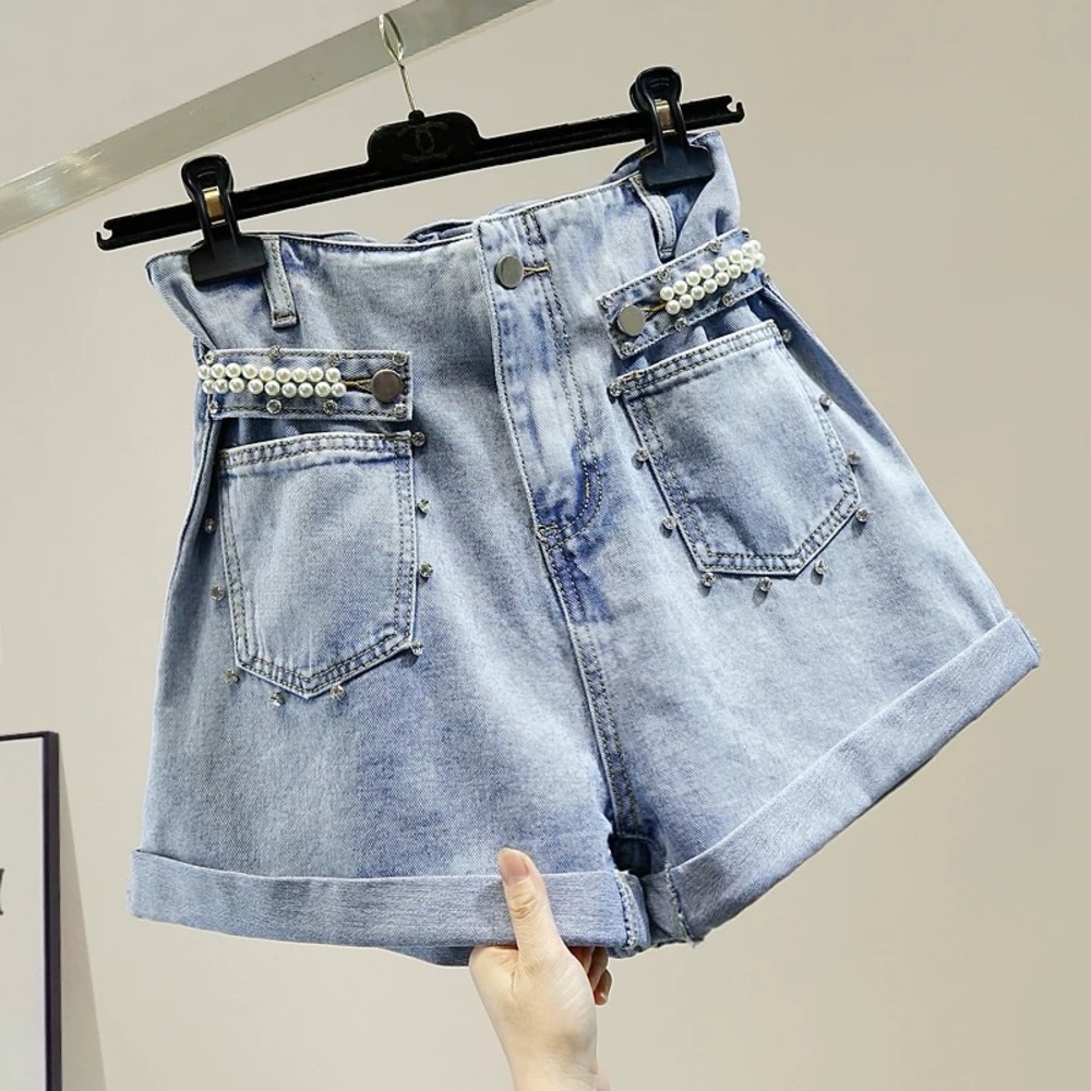 Women's Denim Shorts with Pearl Accents